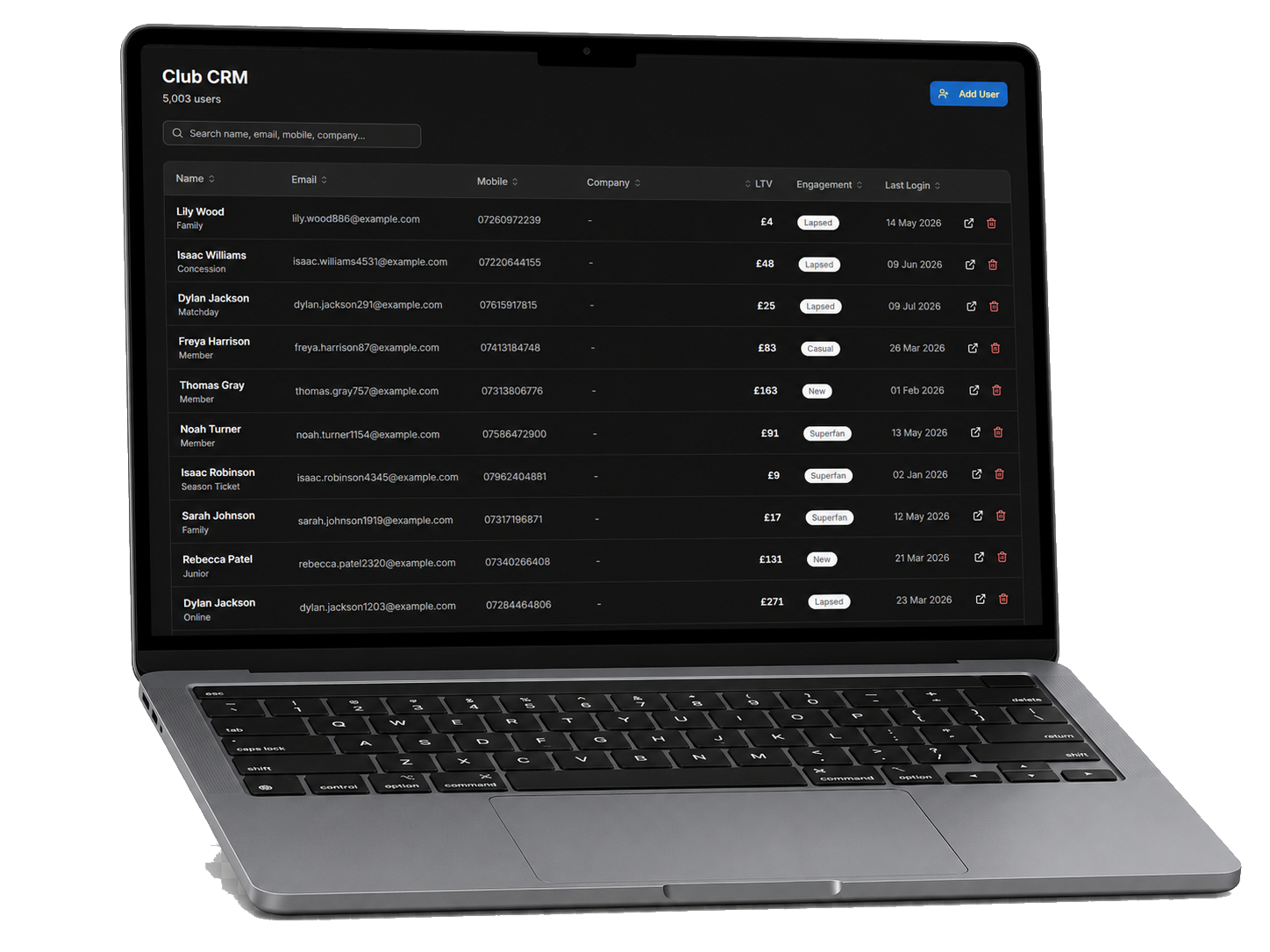 StandBased Club CRM supporter list showing engagement and lifetime value for each fan