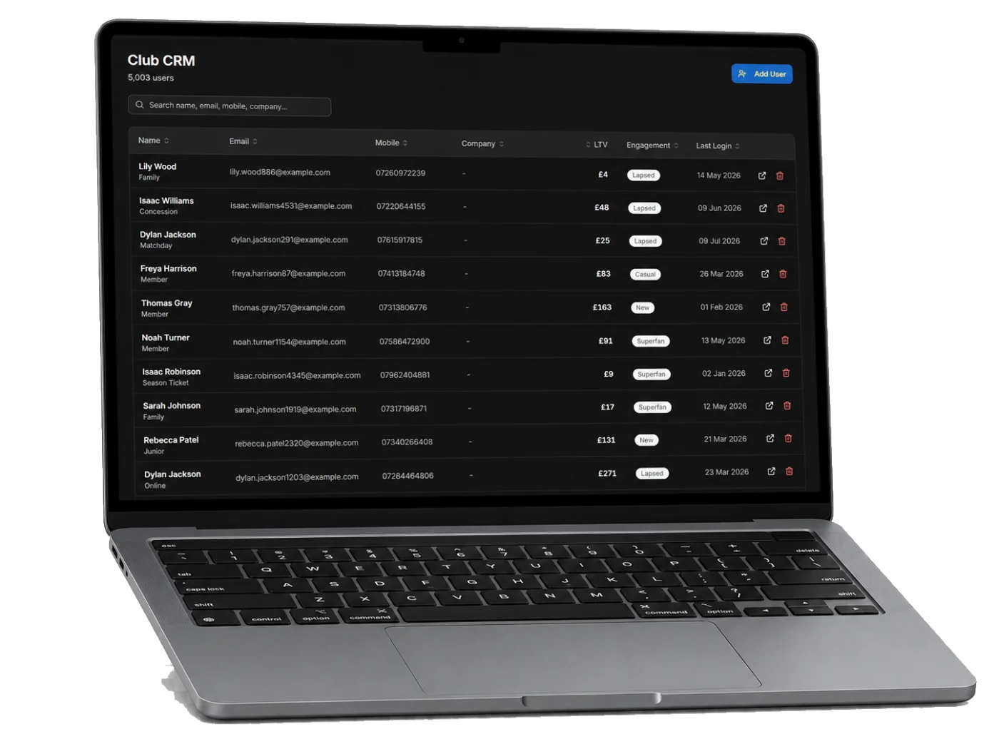 StandBased Club CRM supporter list showing engagement and lifetime value for each fan