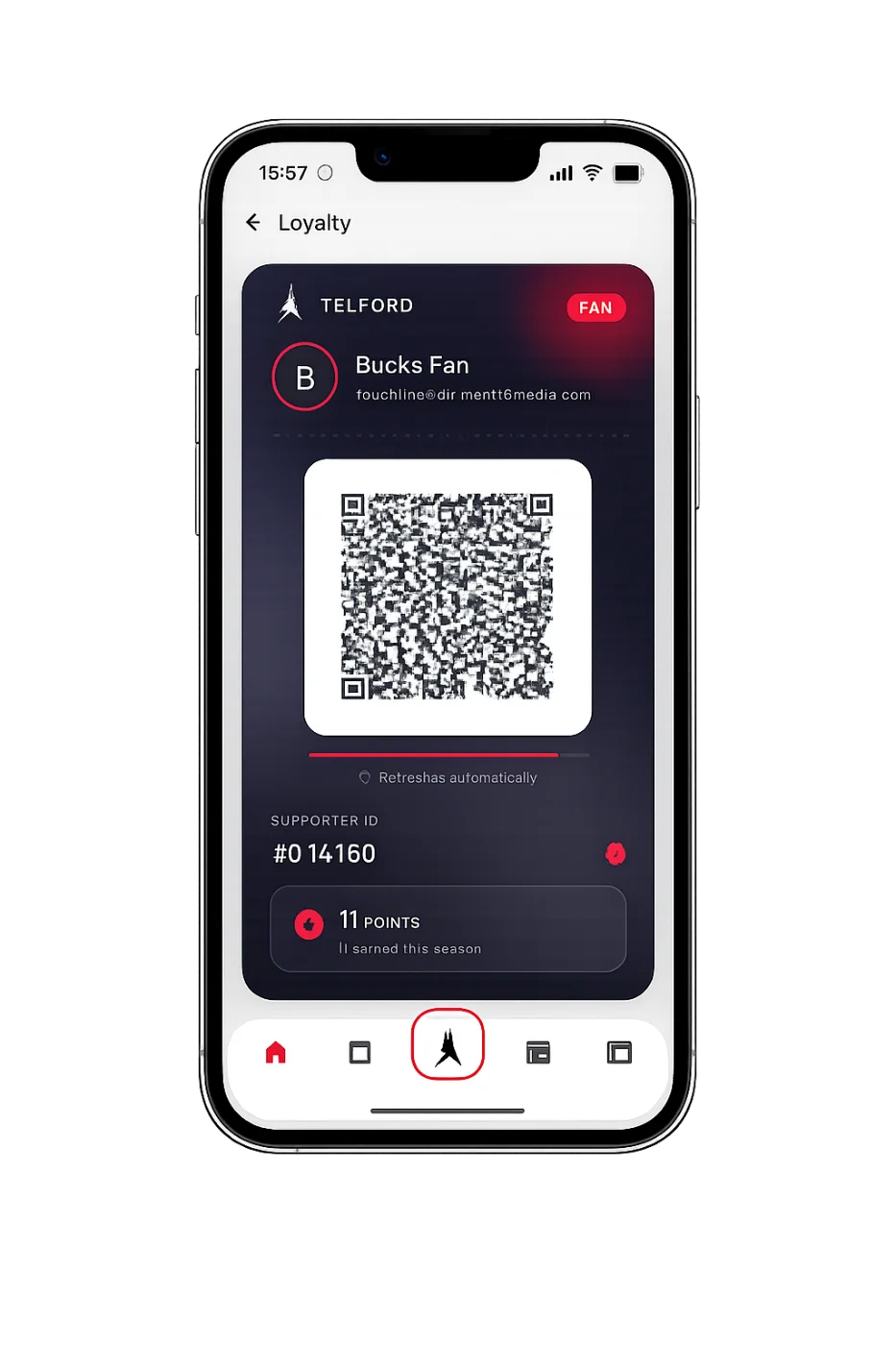 StandBased Loyalty digital supporter card with scannable QR code shown in the club app